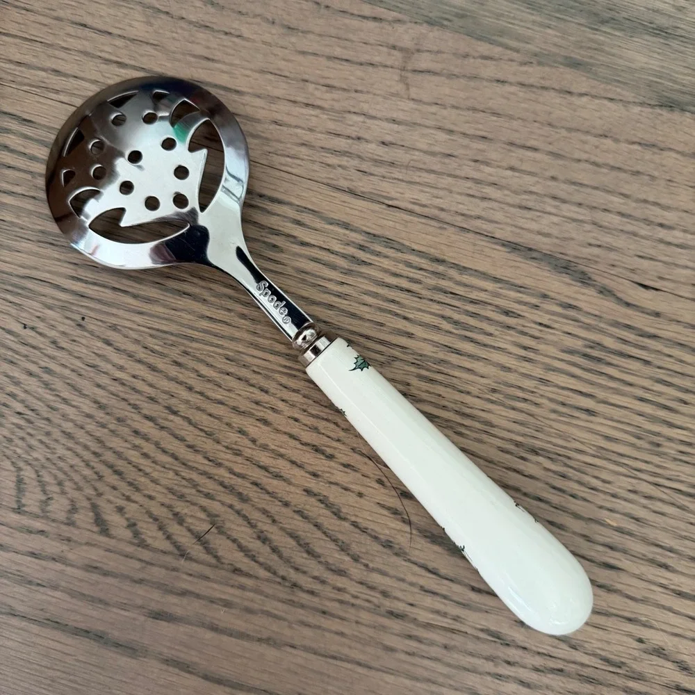 Spode Christmas Tree Slotted Serving Spoon Ceramic Handle Stainless Steel Head